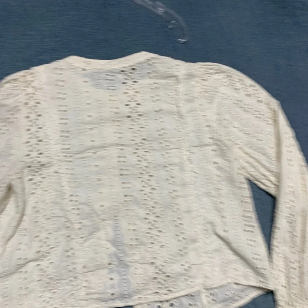 Zara Eyelet Blouse Top Womens Medium Beige Classic Balloon Sleeve Button Front